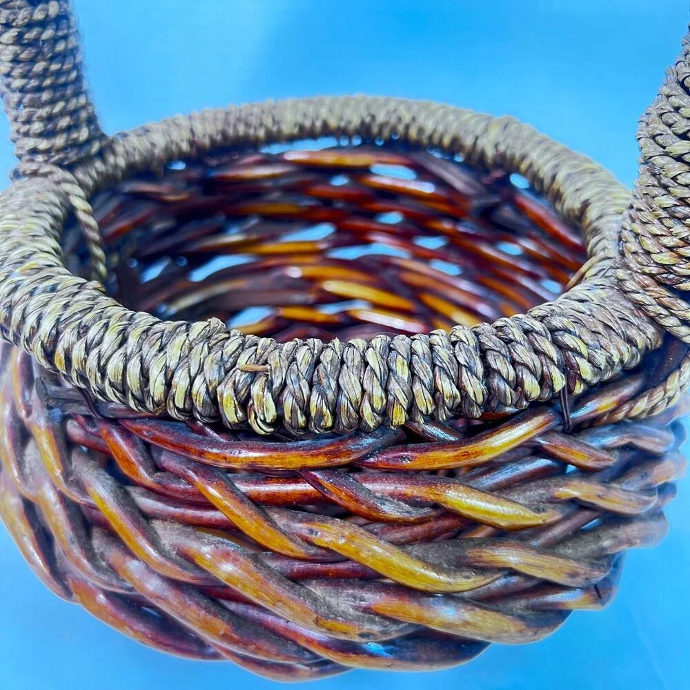 Vintage Round Basket Woven Handcrafted Brown‎ Rattan Wicker Twisted Rope Handle
